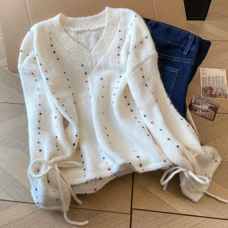

Свободный вязаный женский пуловер с v-образным вырезом для отдыха и поездок на работу, женский свитер, осень-зима, универсальные корейские топы с длинными рукавами на шнуровке