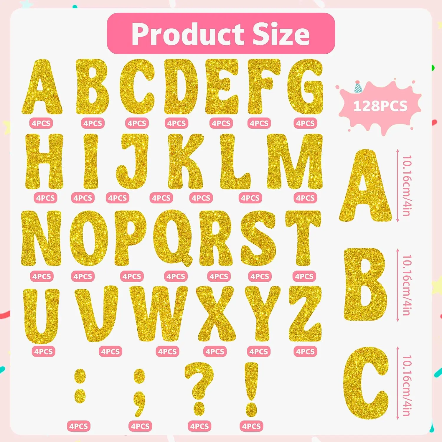 128Pcs Glitter Gold Bulletin Board Letters, 4 Inch Large Self‑Adhesive Capital Alphabet Stickers for Poster Board, DIY Crafts
