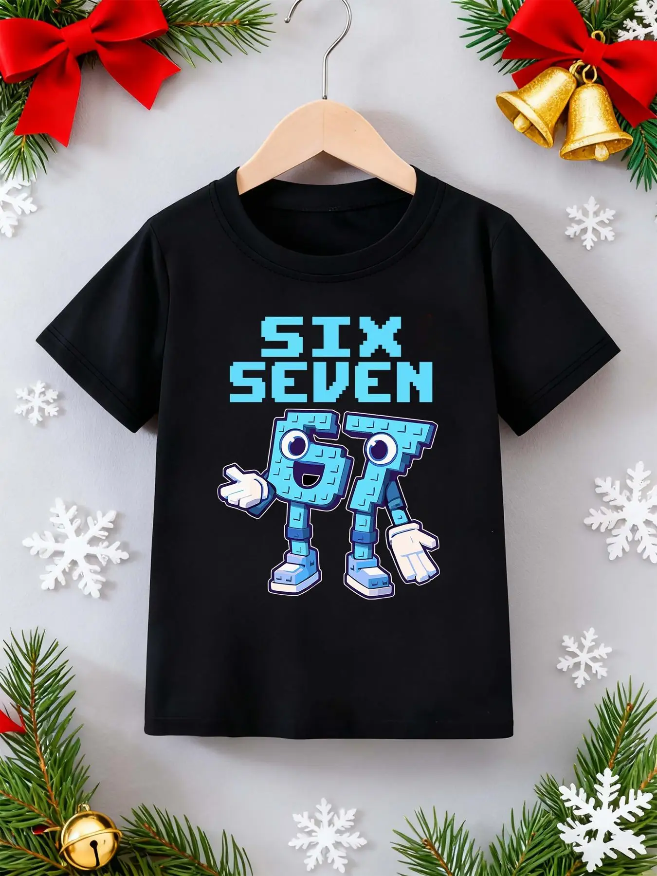 Blue Robot Six Seven Pattern Print 1-Piece Set Boys' Casual Sports Short-Sleeve Soft Fabric Girls' Trendy Brand Sportswear for Older Children as a Christmas Gift for Brothers and Children