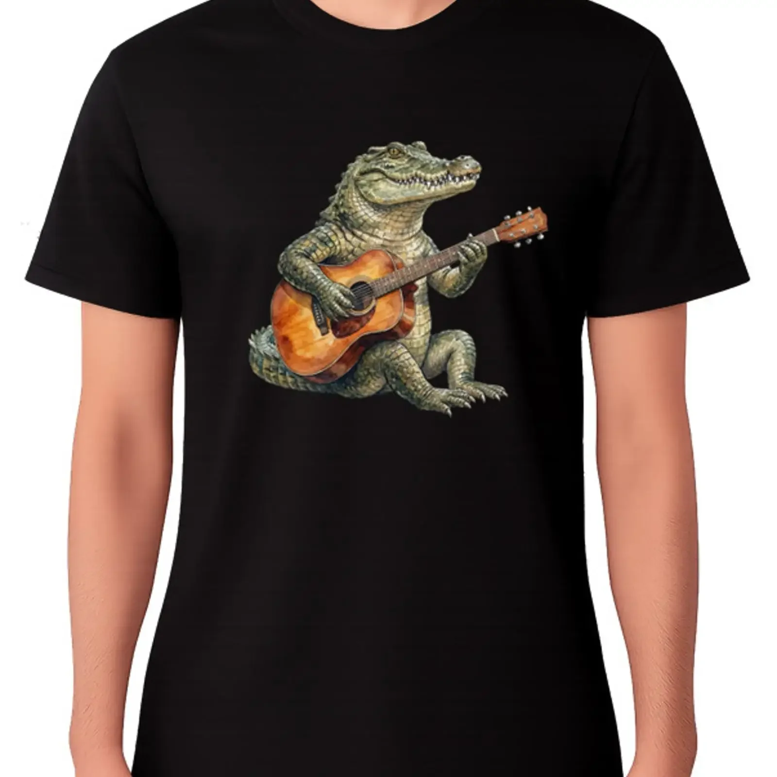 Alligator Playing Guitar T Shirt Funny Musician Crocodile Music Animal vintage Washed homme fashion Unisex Soft graphic