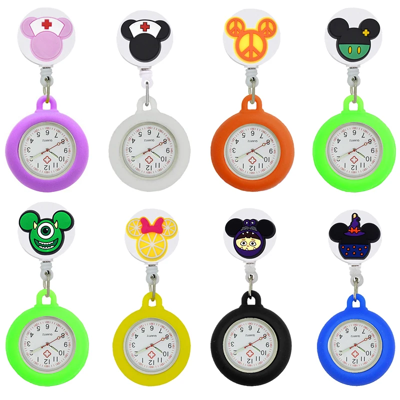 

YIJIA Lovely Cartoon Retractable Badge Reel Rubber Pocket Nurse Watches with Silicone Case and Luminous Pointer