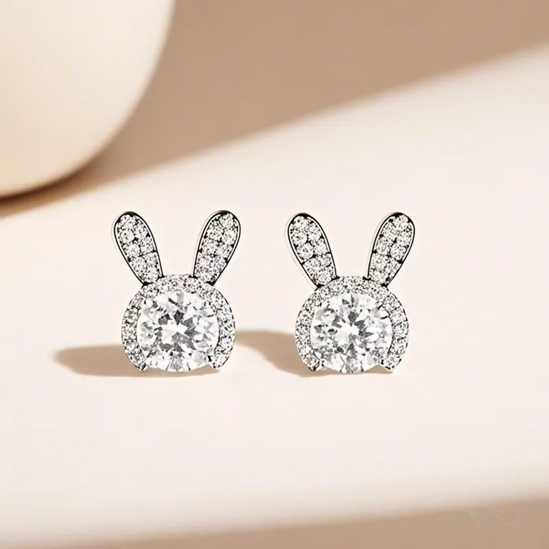 

S925 Silver Platinum-Plated 1CT D Color Rabbit Shape Moissanite Women's Stud Earrings Fine Jewelry