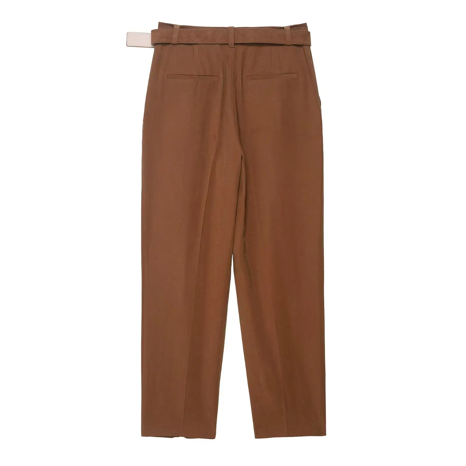 Women's High Waist Ankle Trousers Zipper Fly Belted Office Chic Fashion Pants with Side Pockets