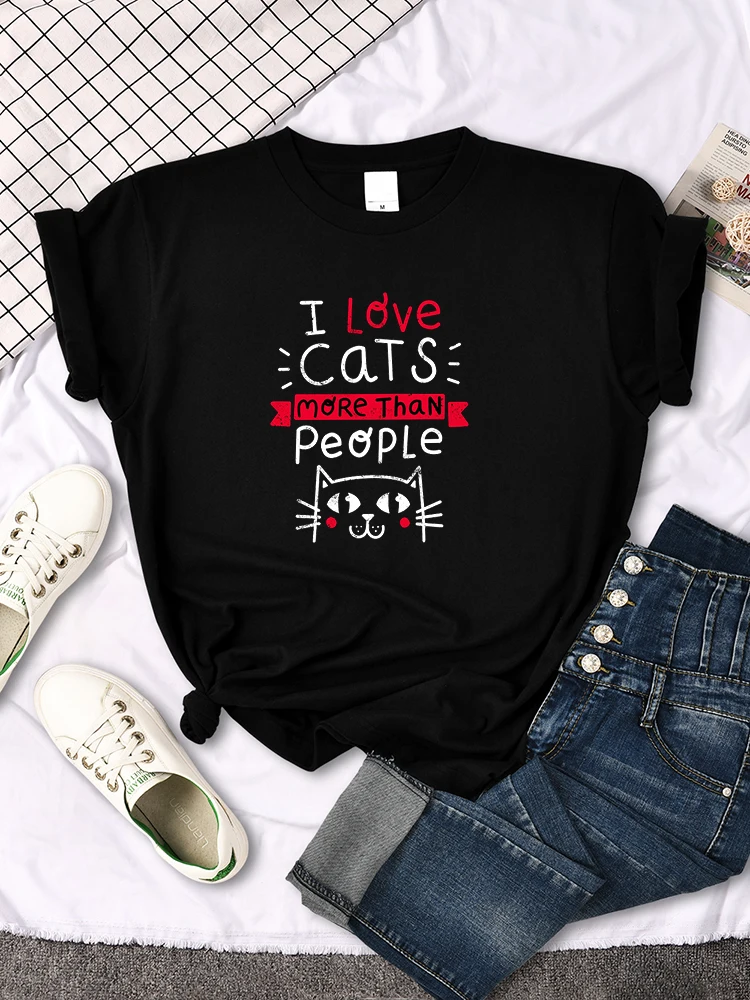 Women Tshirt I Love Cats More Than People Printing Tshirt Vintage Korean Style Woman T-Shirts Gothic Crewneck Women's Shirts