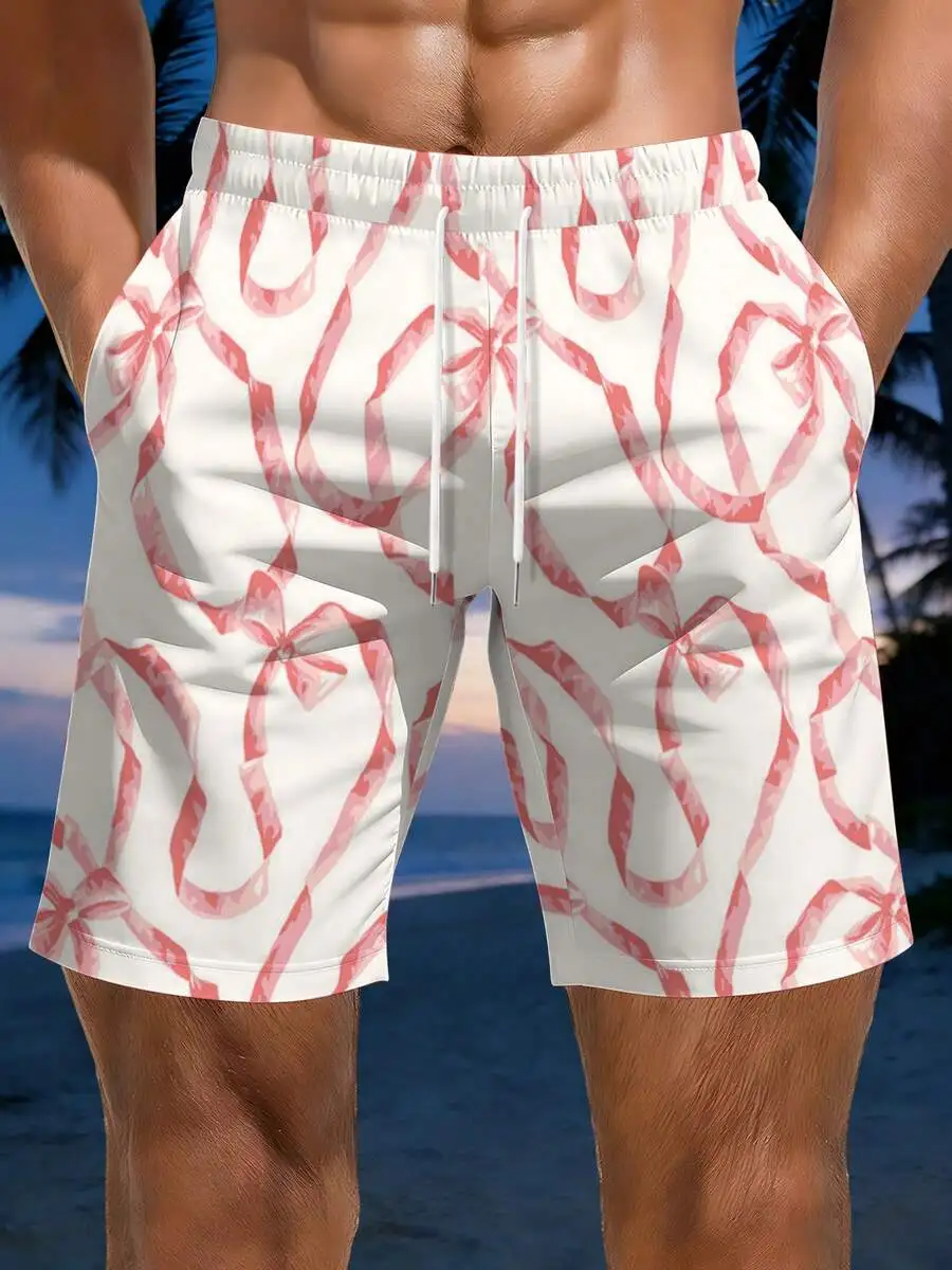 

Mens Watercolor Pink Ribbon Print Beach Shorts Summer Quick Dry Swim Trunks