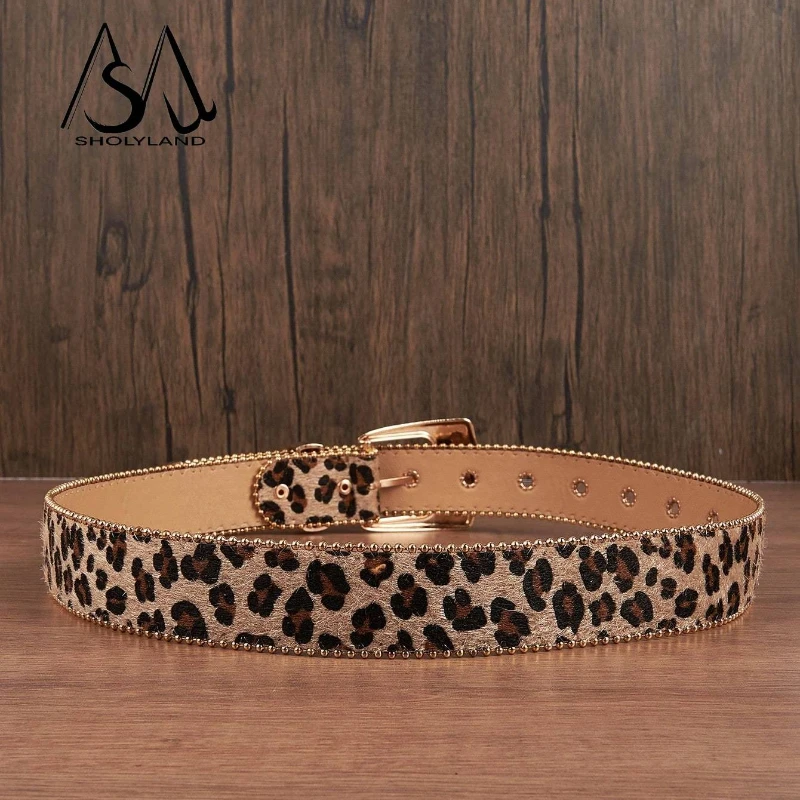 Cinturón vaquero con borde de perlas y hebilla de Metal grabada Vintage de leopardo para hombre, versátil para uso informal, Halloween