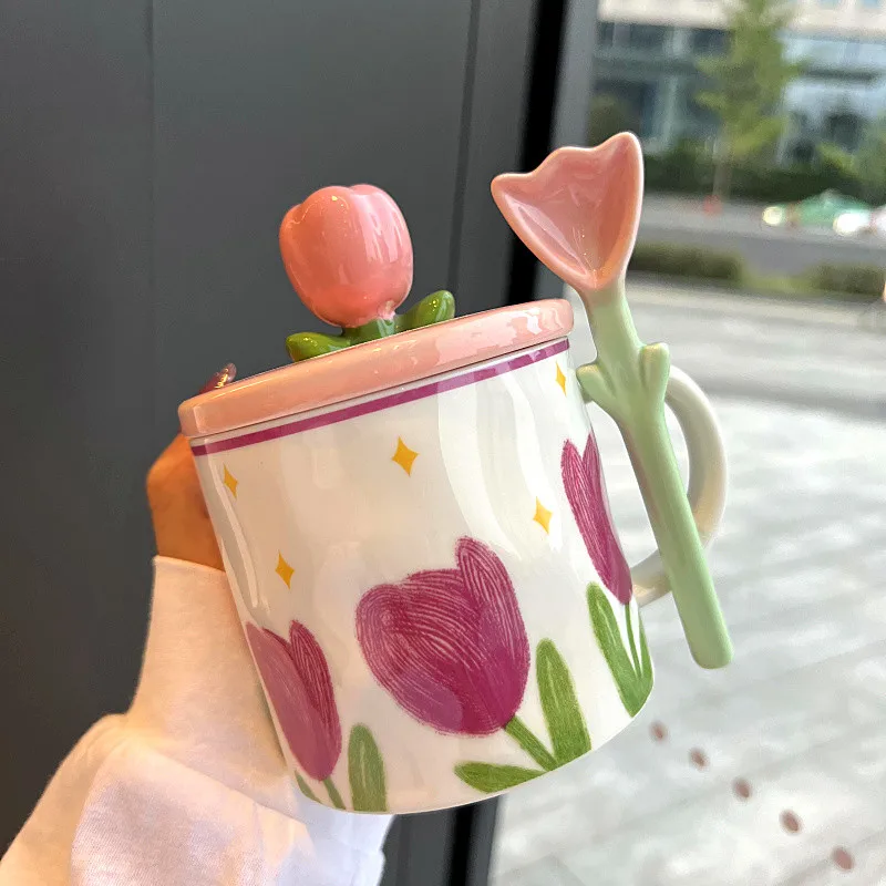 

3D Tulip Coffee Mug With Lid Spoon Ceramic Water Cup Boutique Kitchen Supplies Afternoon Tea Cup Girly Heart Gift