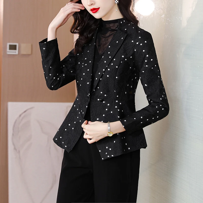 Women's Plus Size French Commuter Polka Dot Texture Blazer Retro Casual Long-sleeve Single-breasted Polka Dot Solid Color Blazer