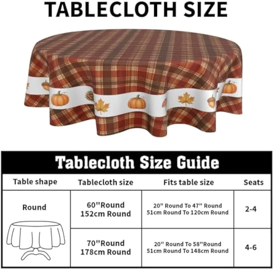 Fall Tablecloth Round 60 Inch Autumn Thanksgiving Table Cloths Circle Pumpkin Buffalo Plaids Table Cloth Rustic Farmhouse
