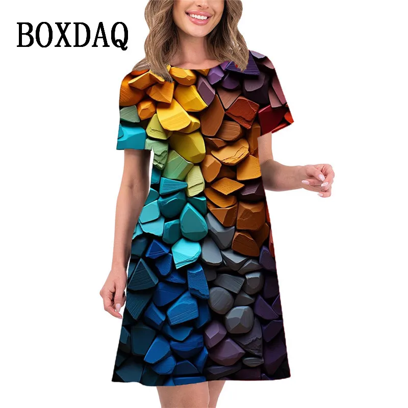 

Abstract 3D Three-dimensional Pattern Print Dress For Women Short Sleeve Loose Mini Dress 2024 New Spring Summer Womens Sundress