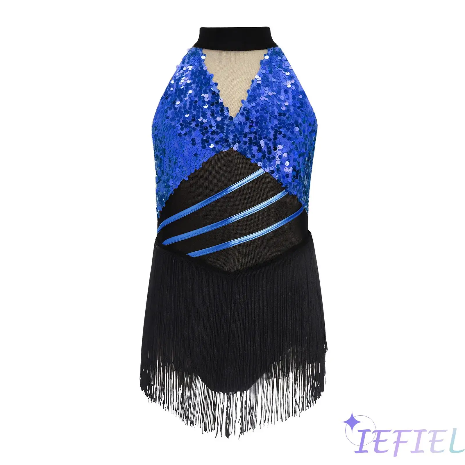 

Kids Girls Latin Dance Dress Shiny Sequins Halter Sleeveless Mesh Waist Tassels Salsa Latin Jazz Dance Leotard Modern Dancewear