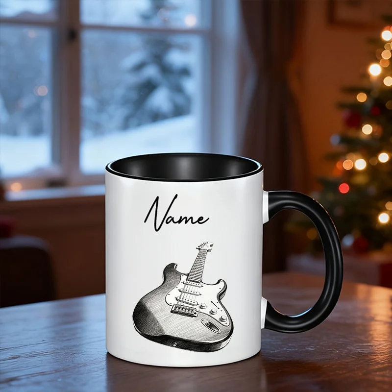 Customized design featuring an electric guitar theme. The white cup showcases an elegant musical pattern, with black edges and