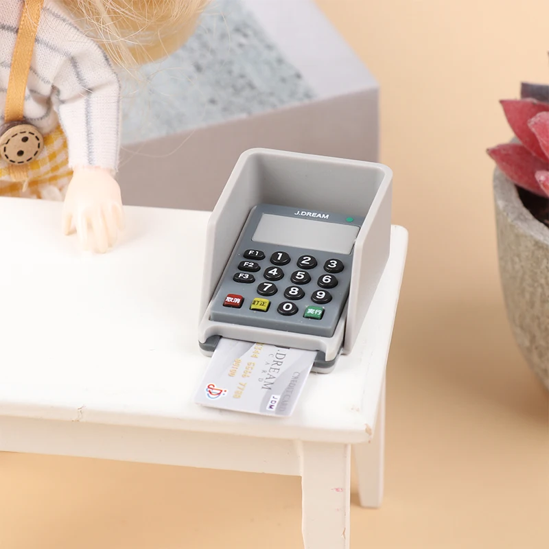 1 Juego de decoración de escena de casa de muñecas, máquina de tarjetas de tienda de supermercado, modelo de escáner de juguete