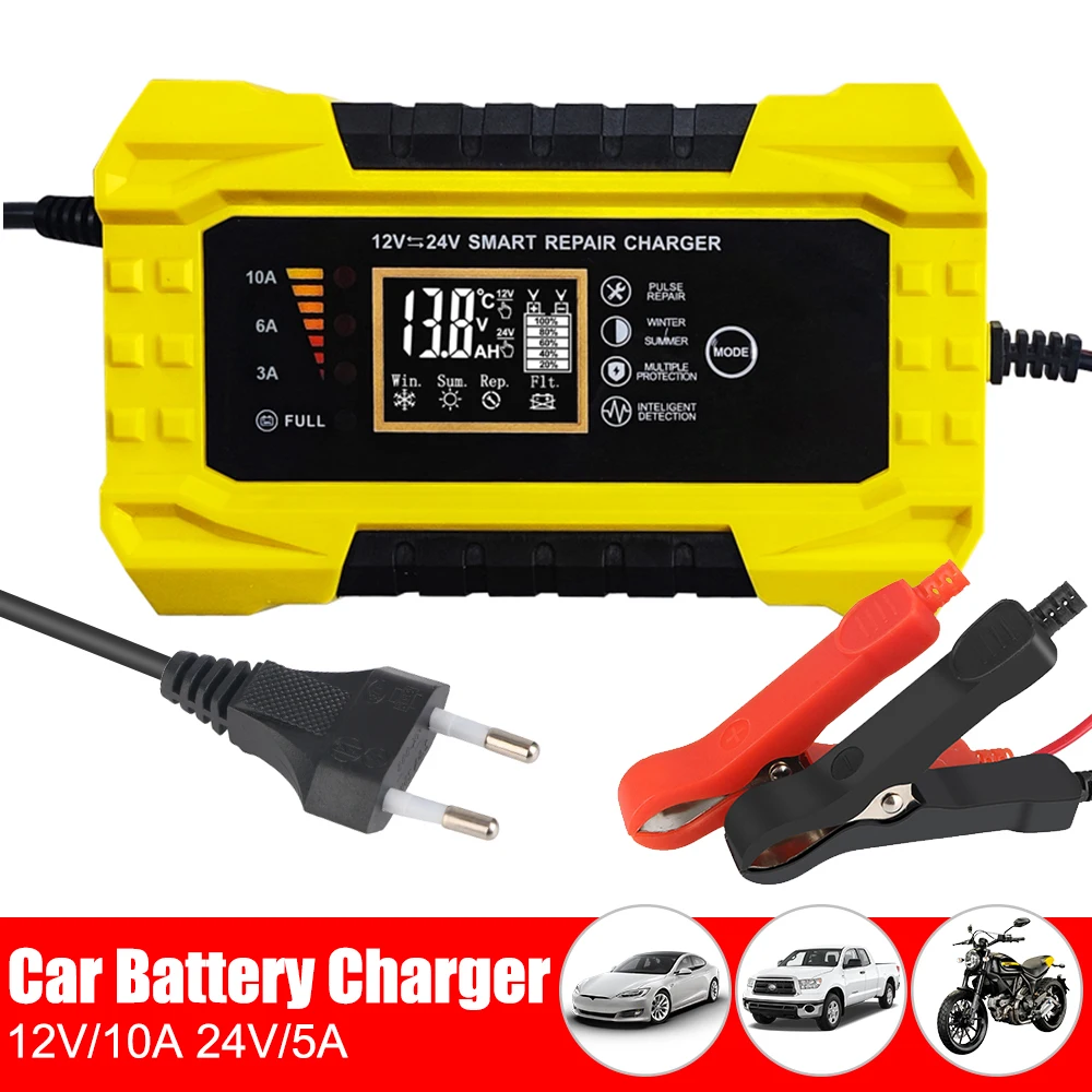 

For Wet Dry Lead Acid Gel Battery 24V 5A 12V 10A EU US Plug Car Battery Charger Pulse Repair 110V/220V Input