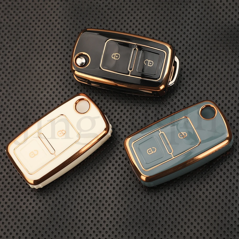 Tampa da chave do carro Jingyuqin, soft tpu case com 2 botões para vw volkswagen polo tiguan passat golf jetta levida skoda octavia