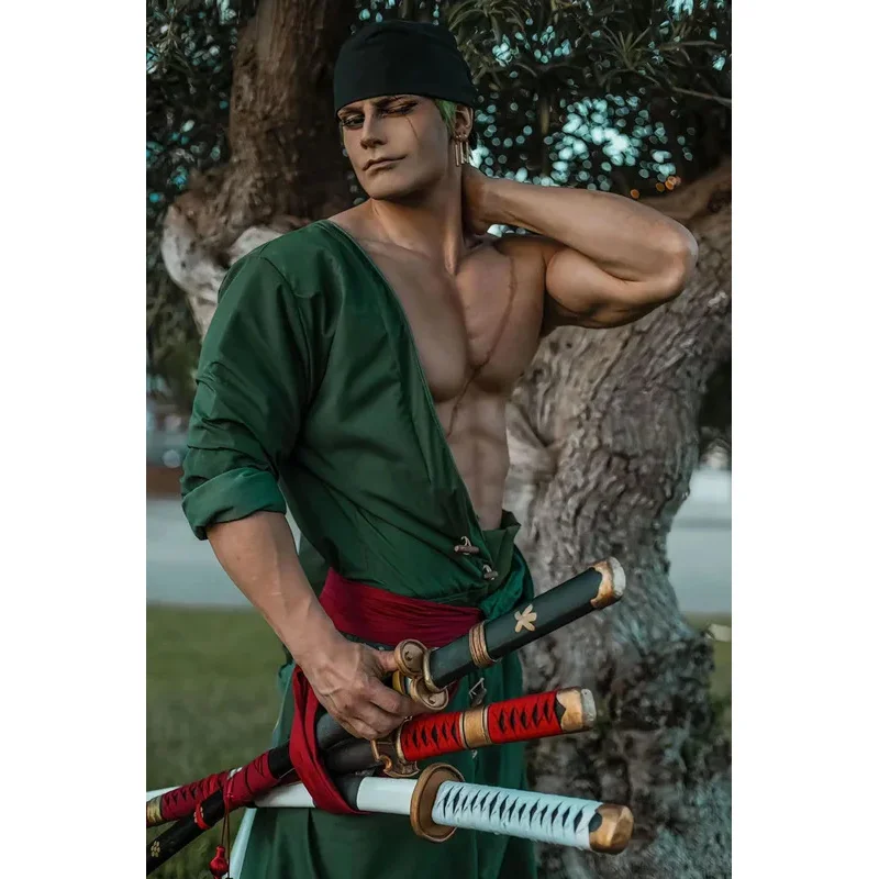 Aa 베어 하우스 002 애니메이션 조각 해적 코스프레 의상 Roronoa Zoro Kostum 2 년 후 가발 귀걸이 블랙 그린 코트 BeWAT99 ★ ★