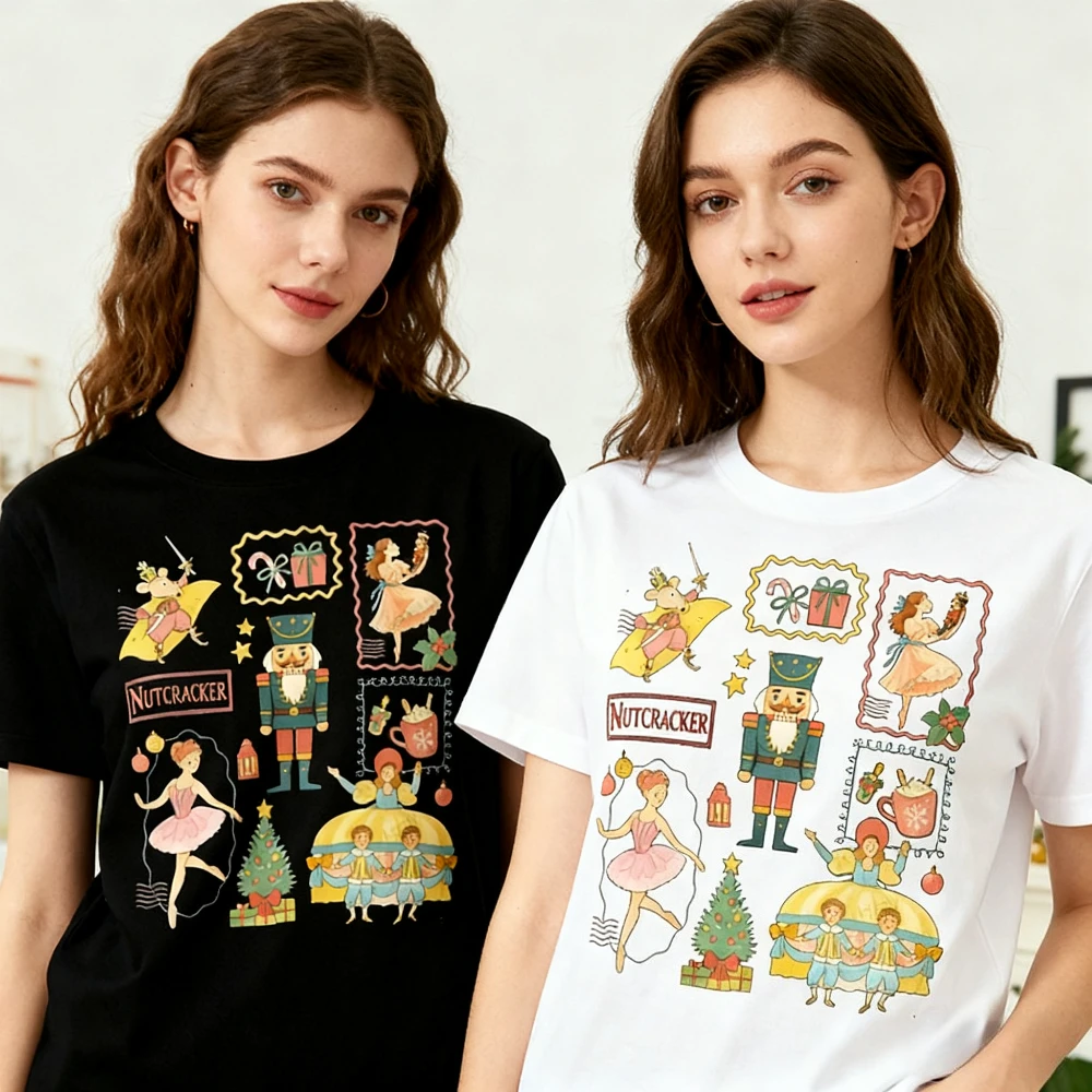 

Рождественский Щелкунчик, милая повседневная рубашка, балетная футболка «Щелкунчик», винтажная футболка с сахарной сливой и феей, праздничная праздничная вечеринка, женские топы