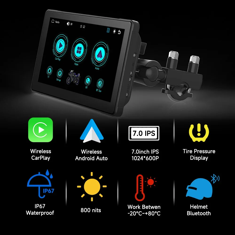 7-дюймовый мотоциклетный мультимедийный плеер IP67 Водонепроницаемый GPS-навигатор Беспроводной CarPlay Android Auto Сенсорный экран Bluetooth