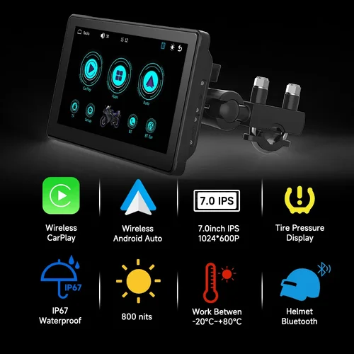 Imagen 2 del producto Reproductor Multimedia para motocicleta de 7 pulgadas, grabadora de navegación GPS resistente al agua IP67, CarPlay inalámbrico, Android, pantalla táctil automática, Bluetooth
