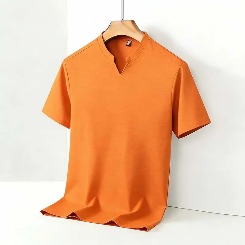Men's Soft Gray V Split Neck Short Sleeve T-shirt Breathable Casual Top for Everyday Outfits