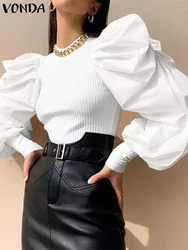 Plus Size VONDA Fashion Blouse Women Casual Long Puff Sleeve Blusas 2024 Autumn Solid Loose Elegant Tops OL Office Blouse Baggy