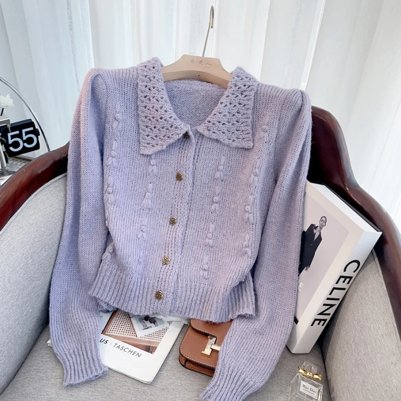 Purple NEW Hollow Out Fashion Sweater Winter Women's Cashmere Solid Cardigan Knitted Jacket Loose Long Sleeves Female Top