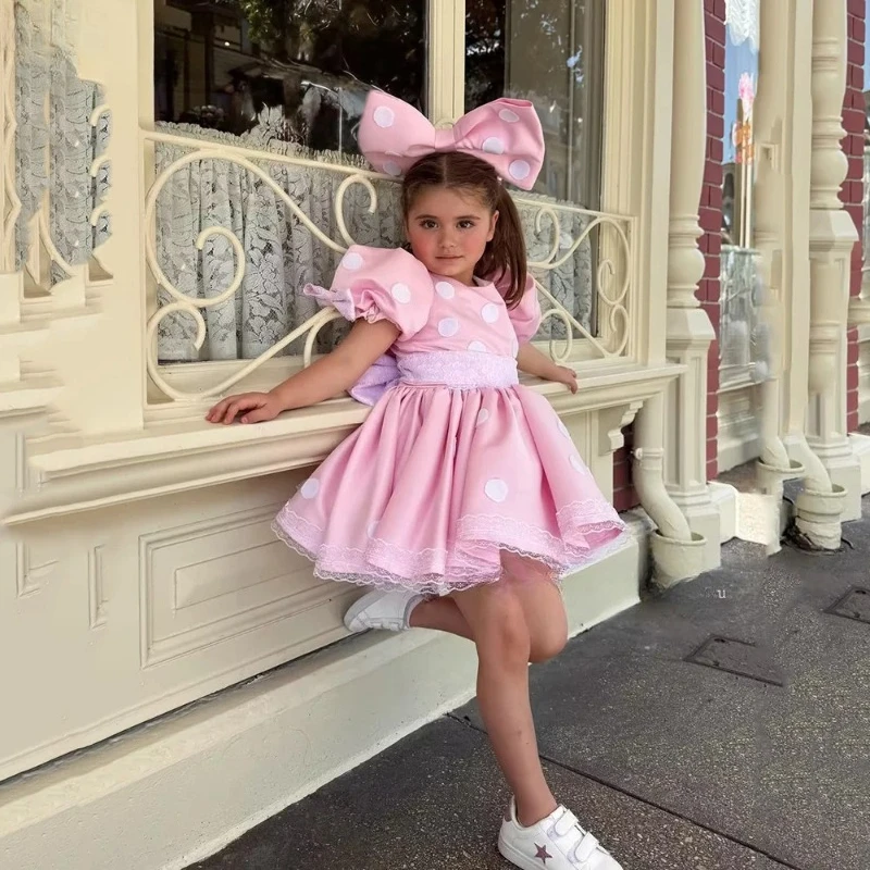 Lovely Cute Girl Pink Polka Dot Princess Girl Birthday Dresses O Neck Short Sleeves A Line Ball Gowns Bow Kid Gowns Customized