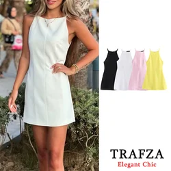 TRAFZA Basic Sexy Solid Mini Women Dress Fashion 2024 Summer Neckline Dress Elegant Female Dress Beach Holiday Party Dress