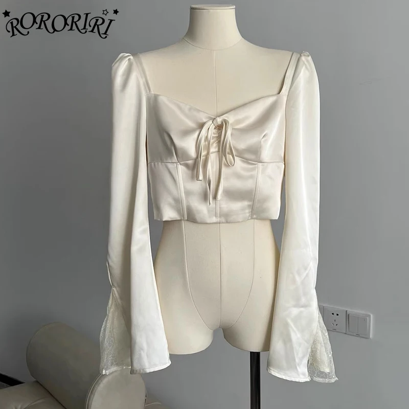 RORORIRI Medieval Retro Boned Satin Crop Top for Women Patchwork Lace Puff Long Sleeves Square Neck Pretty & Elegant Undershirt