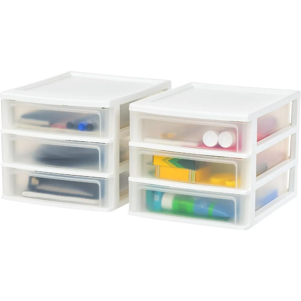 

IRIS USA Medium 3-Drawer Desktop Organizer with Open Tray Top, 2 Pack, Plastic Drawer Storage Container for Stationery Art Craft