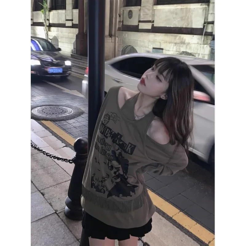 Korean Y2k Subculture Sweet Cool Long Sleeves Shirts Print Pullover Female Halter Top Women Vintage Harajuku Fashion Hoodies