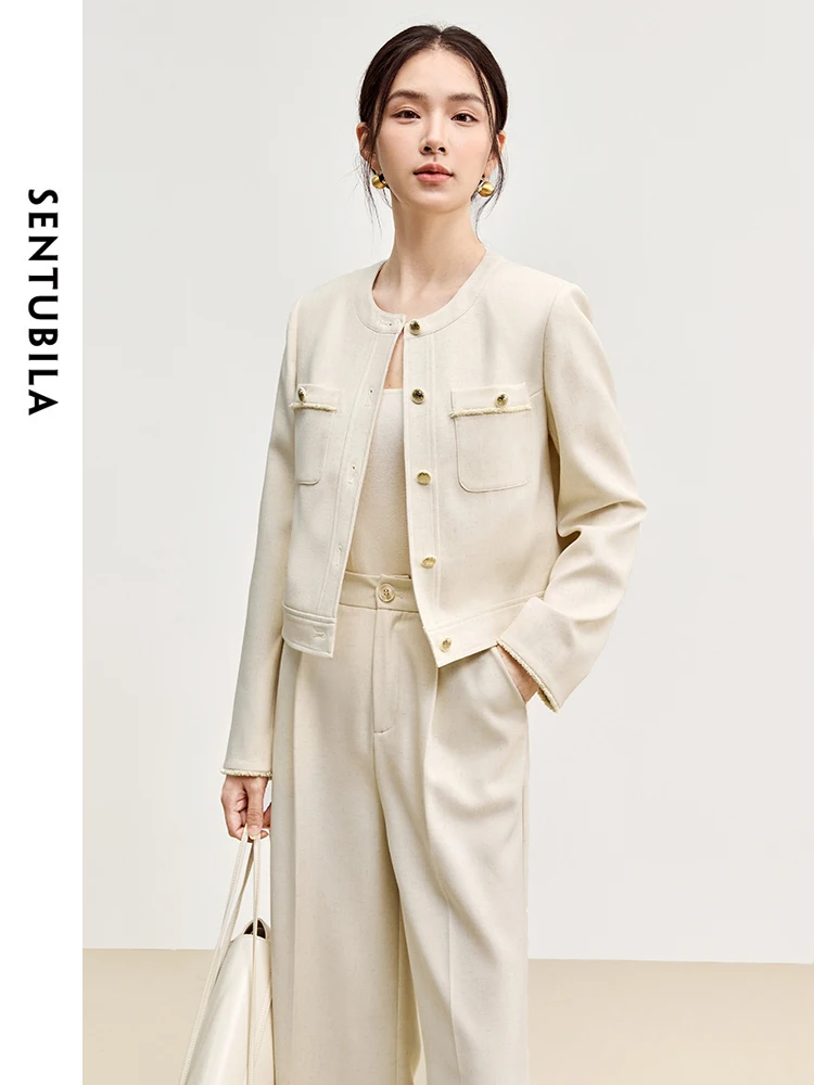 

SENTUBILA абрикосовые комплекты из 2 предметов, женские осенние укороченные куртки с круглым вырезом, широкие брюки, женский брючный костюм 143Z56461