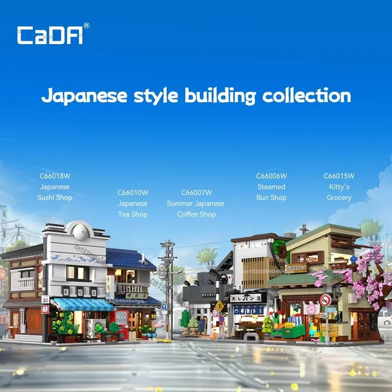 Cada Japanese Sushi House Street View Bricks Shop LED Japanese Steamed Bun House Architecture Building Blocks Summer Cafe Toys