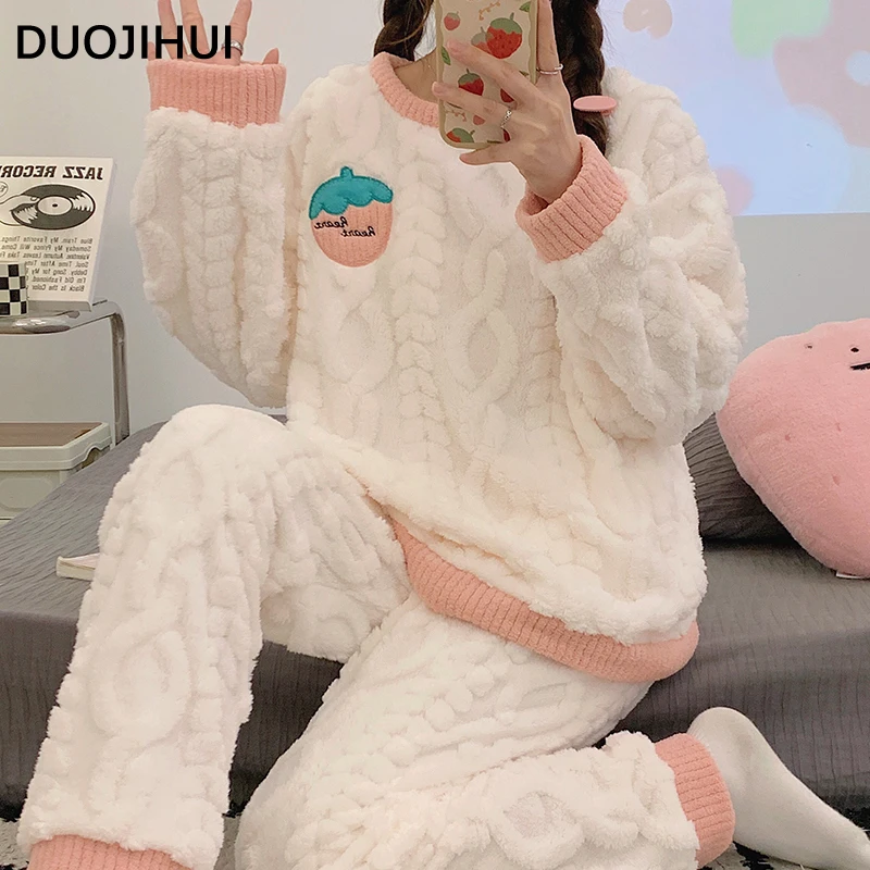 DUOJIHUI Thick Warm Flannel Loose Pajamas for Women Classic O-neck Long Sleeved Tops Simple Pants Fashion Female Sleepwear Sets