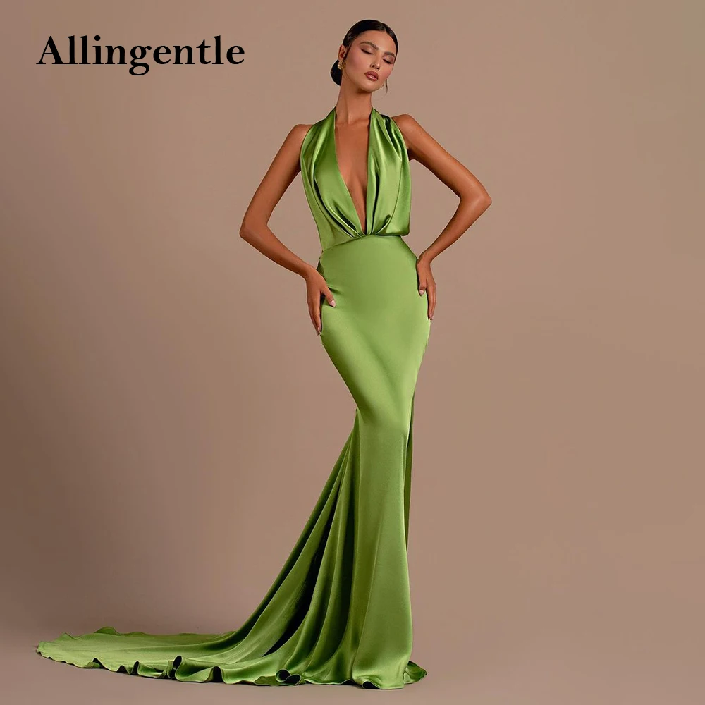 Sexy Halter Pluging V-hals Zeemeermin Galajurken Back Out Eenvoudige Elegante Groene Avondjurk 2025, Satijn Voor Vrouwen Aangepast