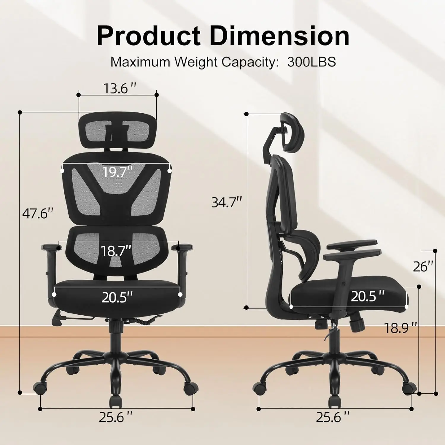 Adjustable Ergonomic Office Chair with Lumbar Support, High Back Mesh Design, and 350lb Capacity for Home and Office Use