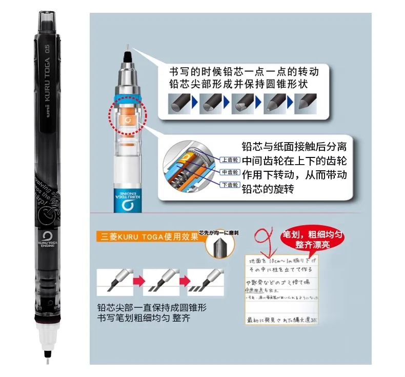 UNI Kuru Toga 0,5 mm Druckbleistift, japanisches Briefpapier, M5-450T, Mine-Rotationsmechanik, Graphitstift ‎ Einziehbar – Detail 2