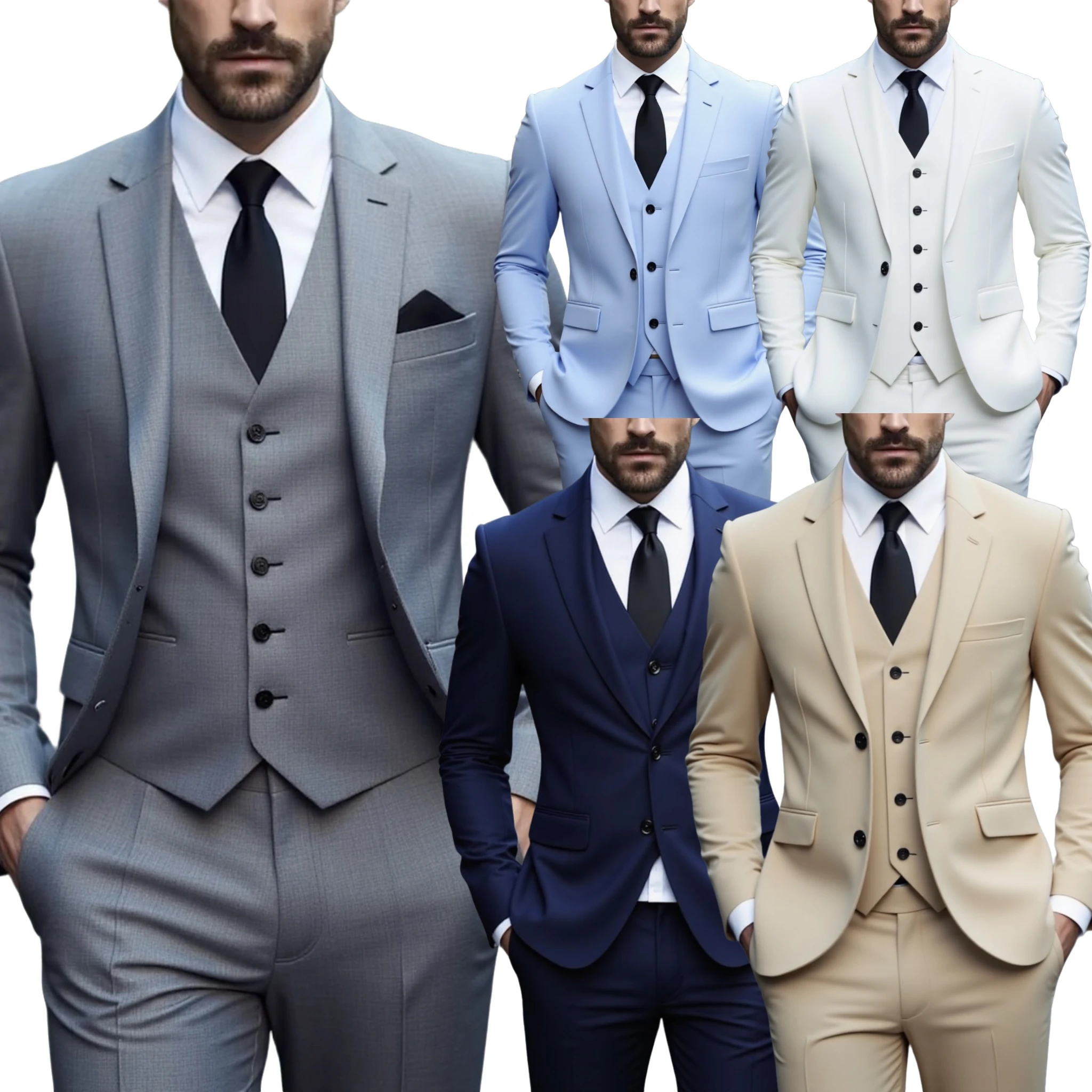 

Mens 3 Piece Slim Fit Suits Tuxedo Suit Set Four-Season Workplace Work Clothing Peaked Lapel Formal Outwear Summer Beach