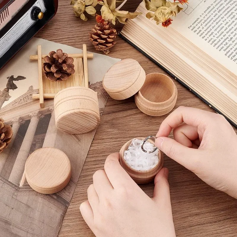 3 Pcs Mini Round Wooden Box 2x1.4 inch Small Wooden Ring Box BurlyWood Ring Jewelry Earring Trinket Box for DIY Names Date Wood