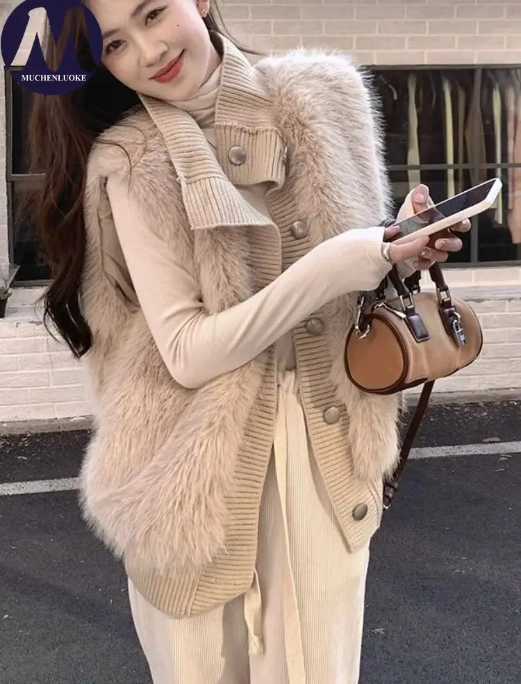 Women's Sleeveless Vest Coat Turn down Collar Knitted Sweater Casual Thick Warm Faux Fur Autumn Winter Fashion Jacket