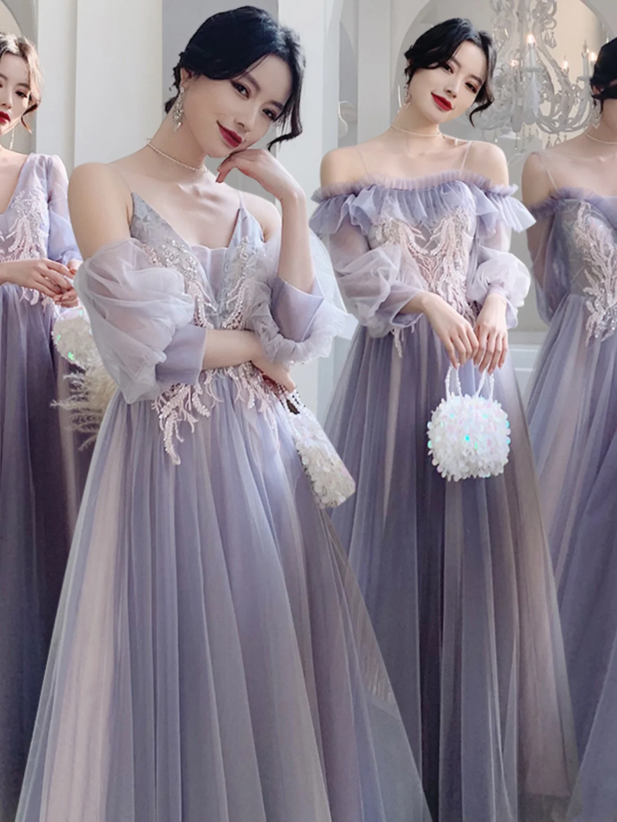 

Dopne Purple Long Slimming aduation Dr Sister Gang Bridesmaid Gown Spring Faion Sweet Sle A-Line Skirt Wedding Dr