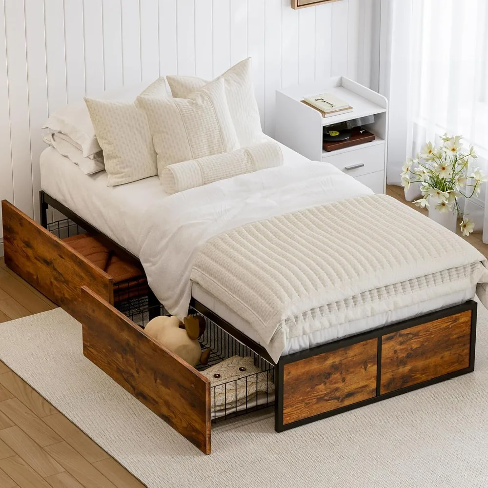 

Twin Bed Frame with 2 XL Storage Drawers, Metal Platform Bed Frame with Footboard, No Box Spring Needed, Sturdy bed frame