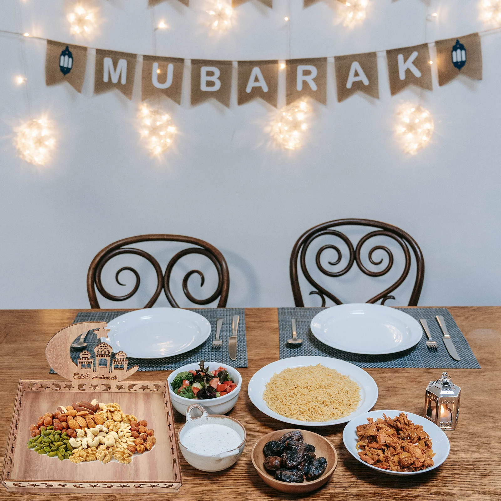 

Wooden Eid for Eid Wooden Tray Ramadan Dessert Serving Dried Fruit Snacks Tray Home Restaurant Decor Kitchen