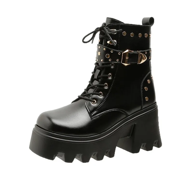 Женские теплые ботильоны на высокой платформе 9 см, осень-зима 2023, нескользящая армейская обувь на меху в стиле панк, женские кожаные мотоциклетные ботинки с пряжкой