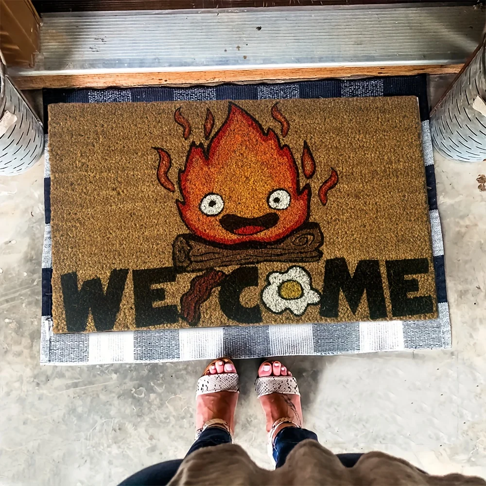 Anime Welcome Doormat, Cartoon Flame Pattern, Cute-Polyester, Machine Washable Entrance Mat for Entry, Kitchen-Winter Home Decor
