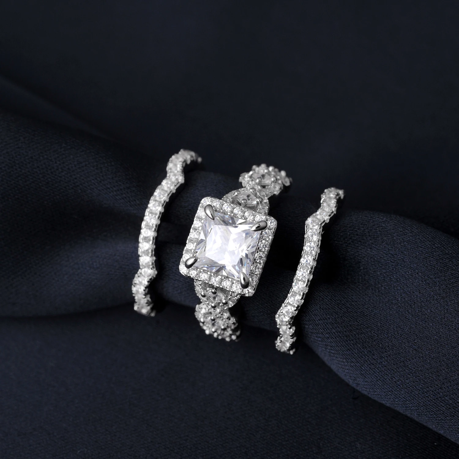 Potiy 3-częściowy zestaw pierścionków zaręczynowych i ślubnych z srebra próby 925 dla kobiet, 2.9ct, szlif princess, AAAAAA CZ, modna biżuteria — zdjęcie 5