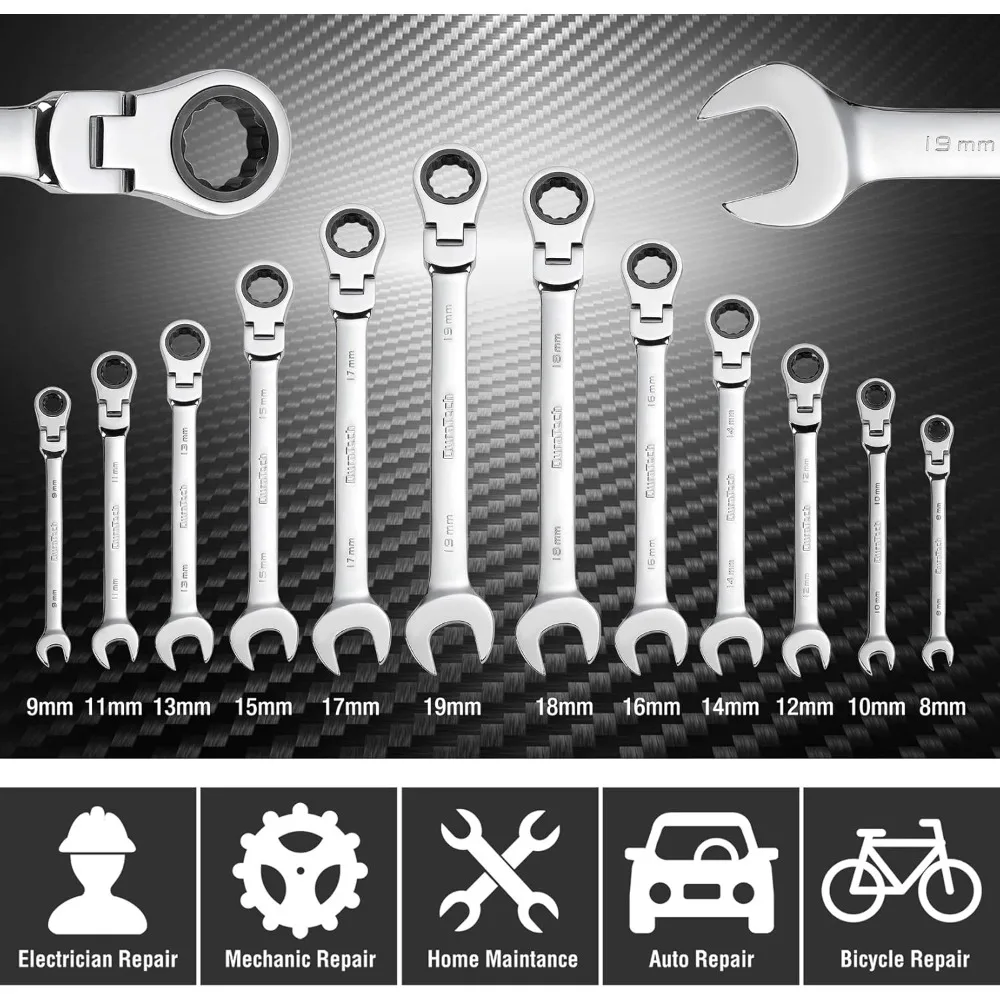 Flex-Head Ratcheting Wrench Set, Combination Wrench Set, 72 Tooth, Metric, 12-piece, Size Covers 8-19mm, CR-V Steel