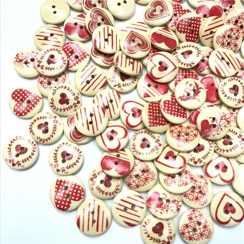 Red Heart Wooden Buttons for Handwork, Sewing Scrapbook, Clothing Crafts, Wedding, Christmas, 15mm, 20mm, 50P