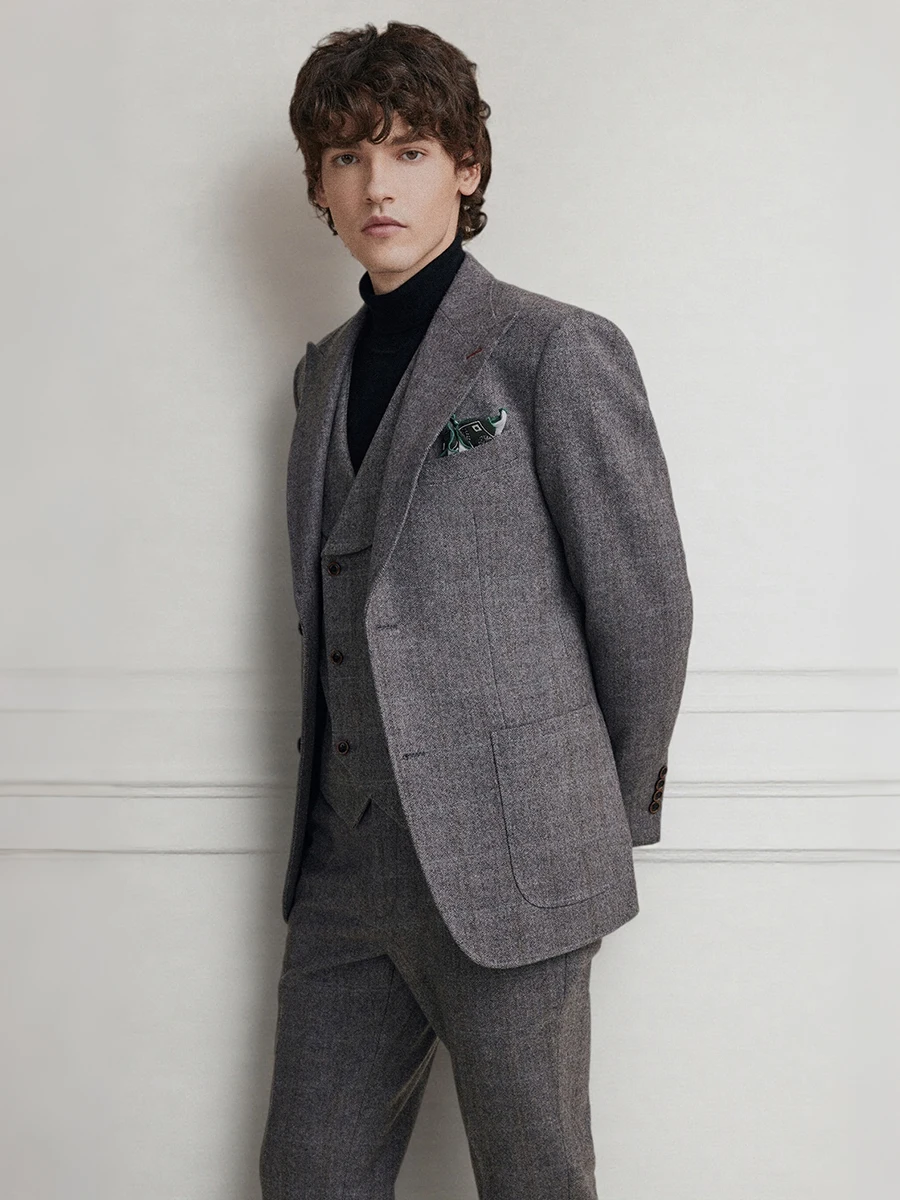 

Men's Gray 60% Wool Suit with Checkered Pattern Slim Fit 3-Piece Blazer, Vest & Pants for Wedding Groom and Business Big Pocket