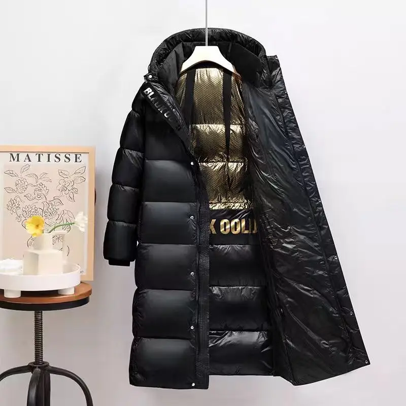 

Black and Gold Long Hooded Down Jacket, The Same for Men and Women, Thickened Warm Jacket, Winter Outdoor Bread Jacket